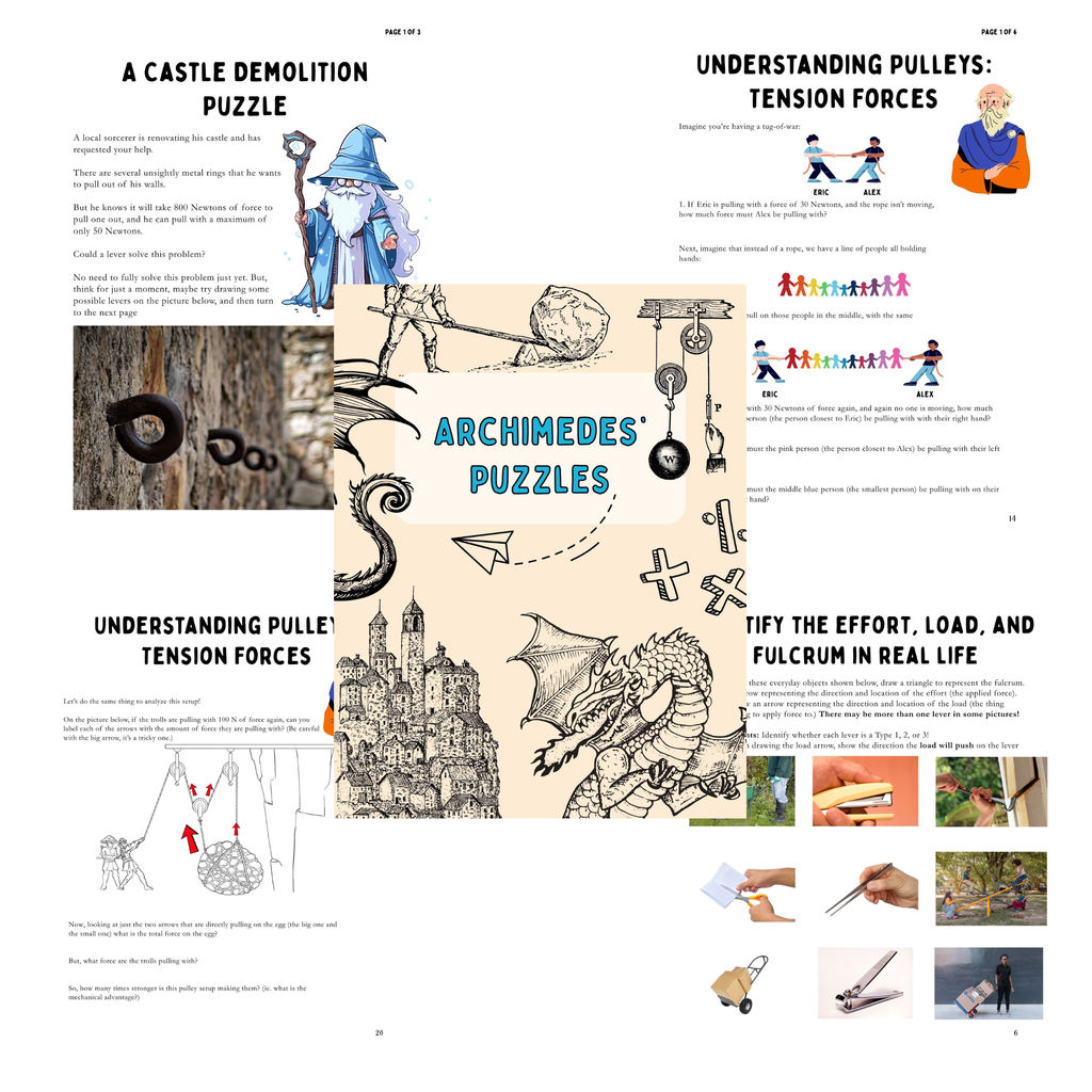 Educational page with illustrations and text on pulleys and Archimedes' puzzles.