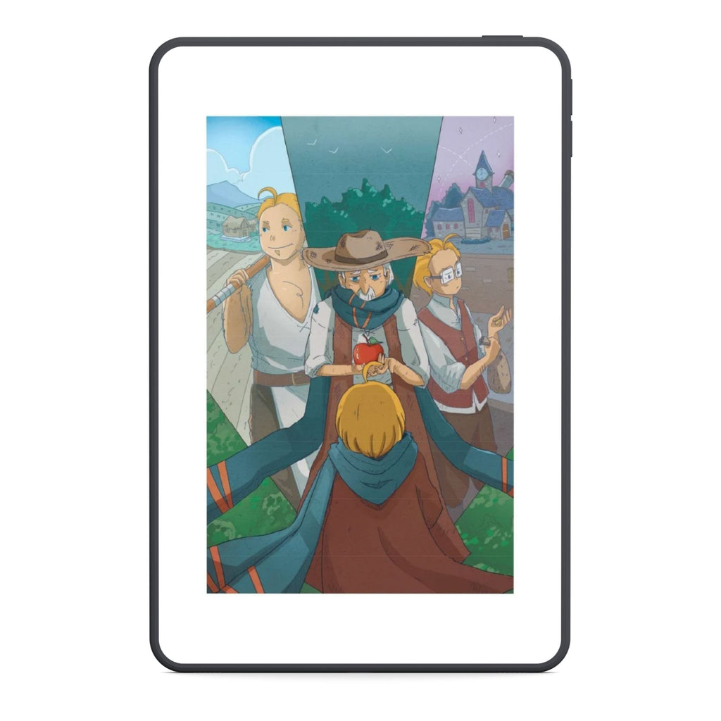Cartoon illustration of four characters in a scenic setting on a tablet screen.