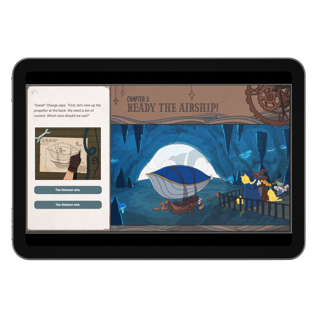 Tablet displaying a digital book with a ship and characters on the screen
