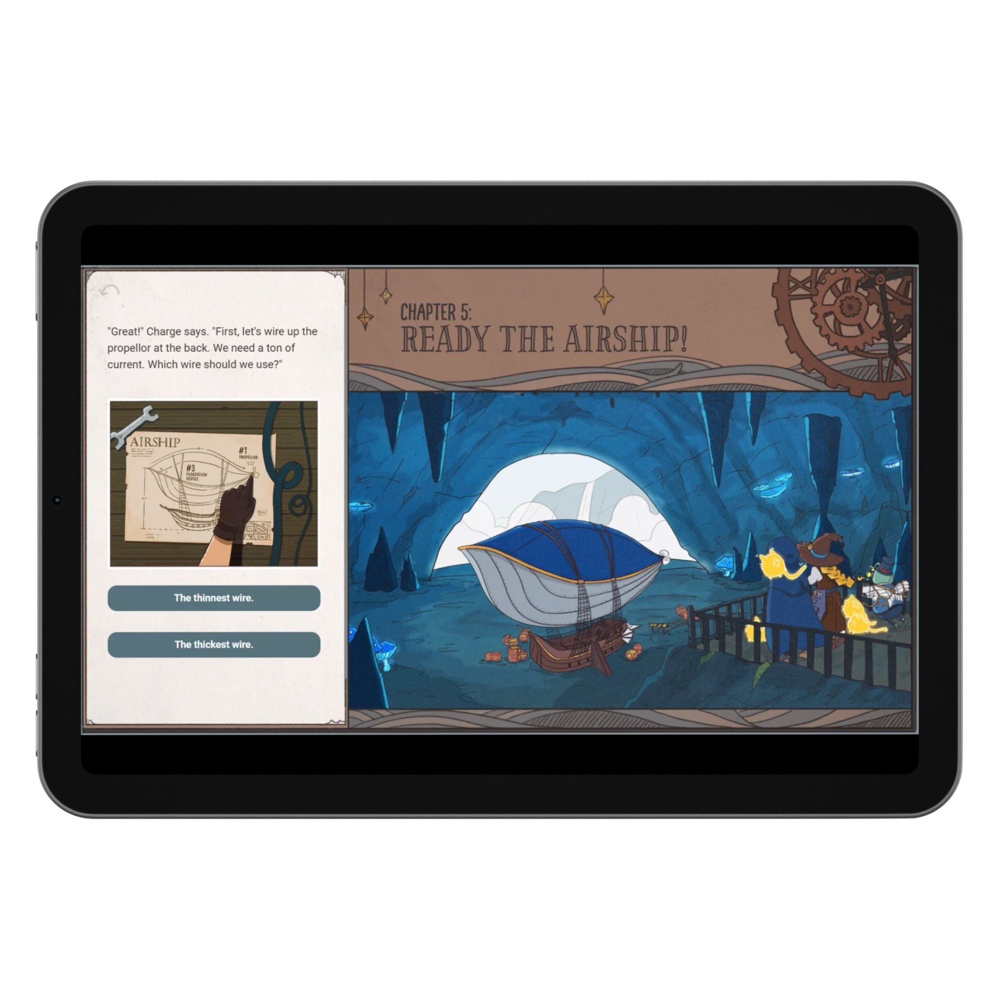 Tablet displaying a digital book with a ship and characters on the screen