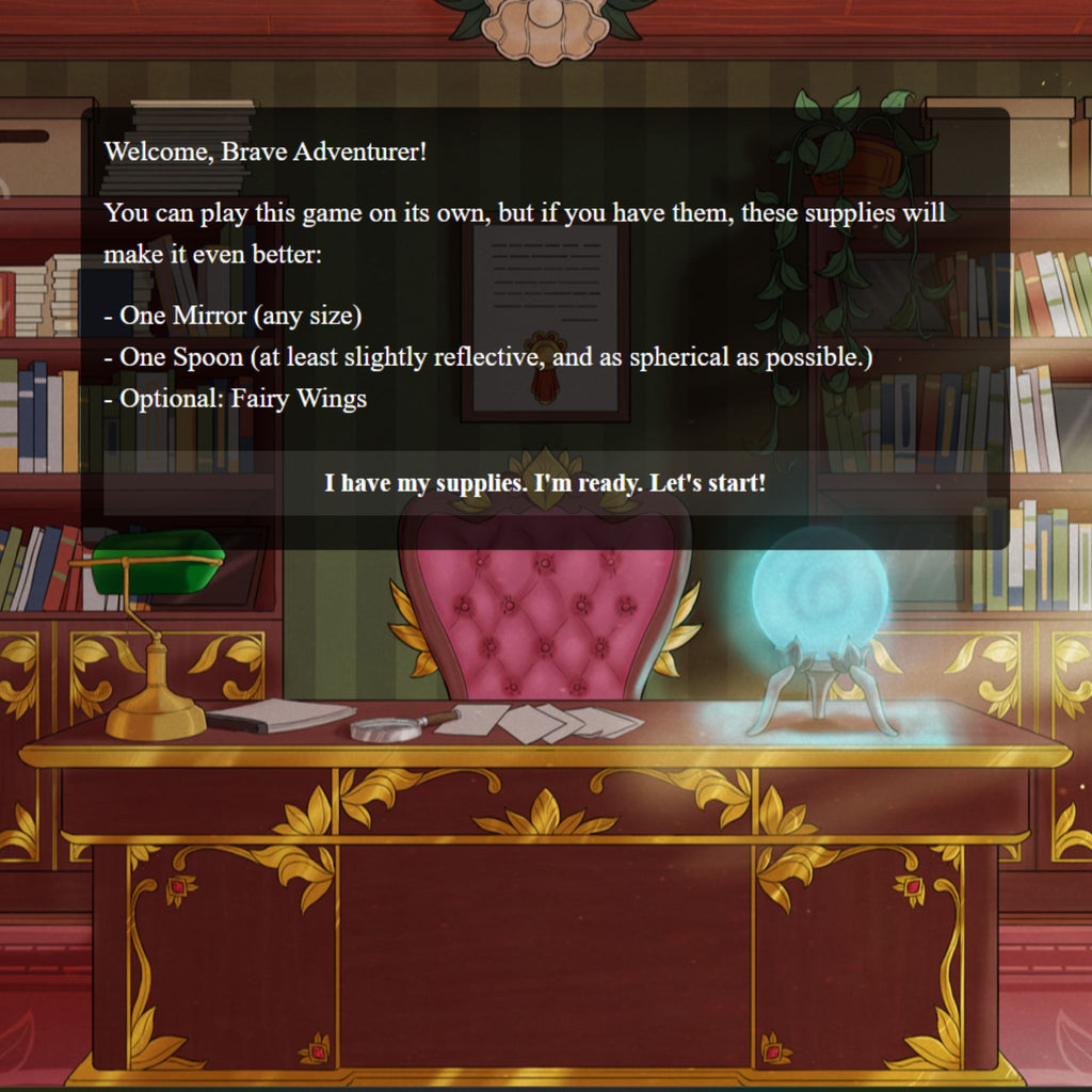 a pink detective office with a chair and a glowing crystal ball. Some text and a button are overlaid over the top
