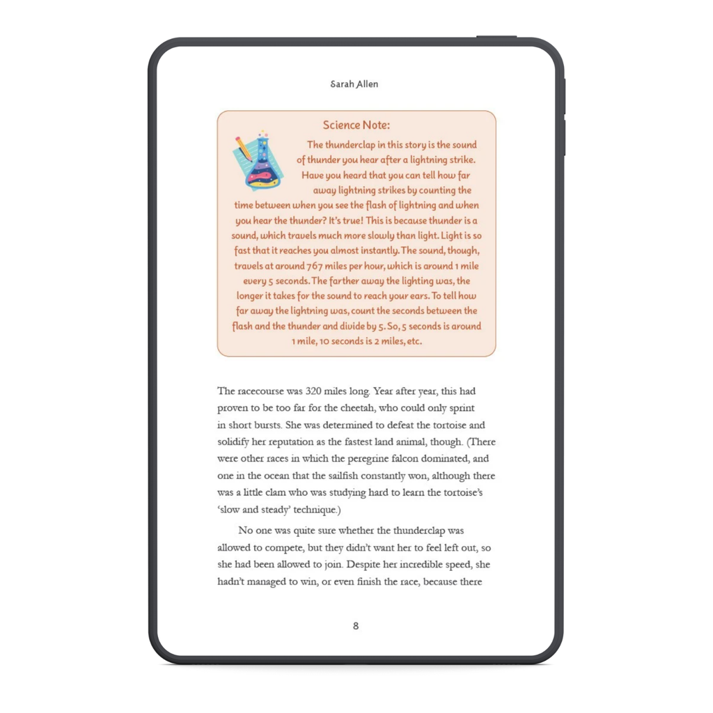 E-reader displaying a book with text and a colorful illustration on a white background