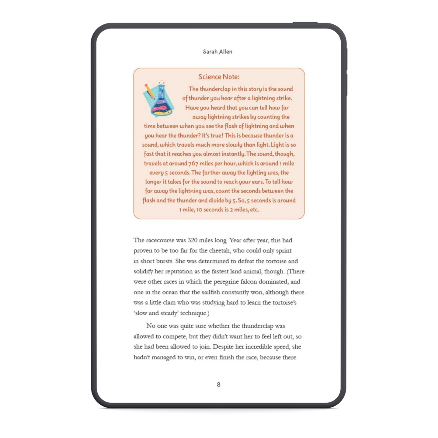 E-reader displaying a book with text and a colorful illustration on a white background
