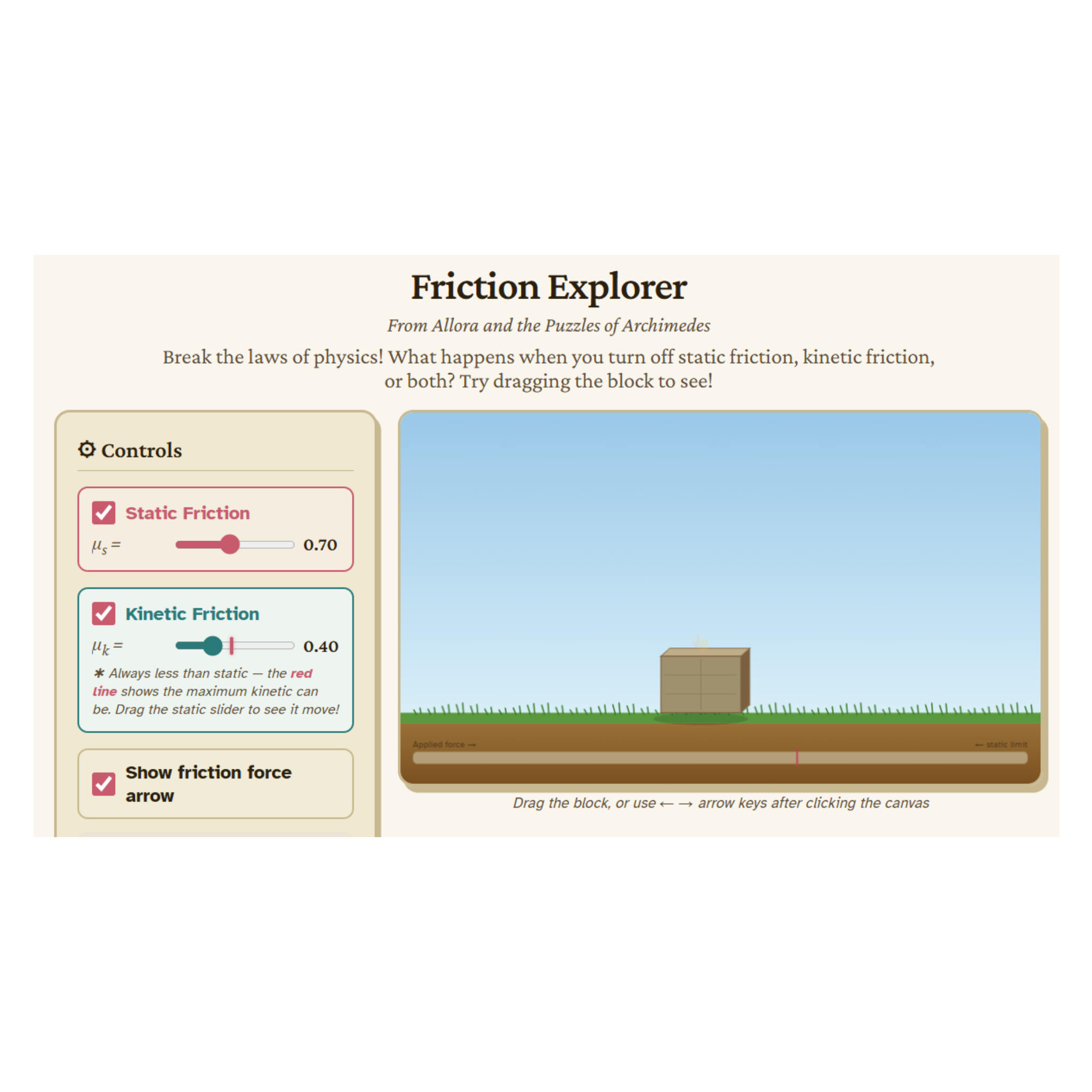 Friction Explorer interactive tool with controls for static and kinetic friction on a grassy background.