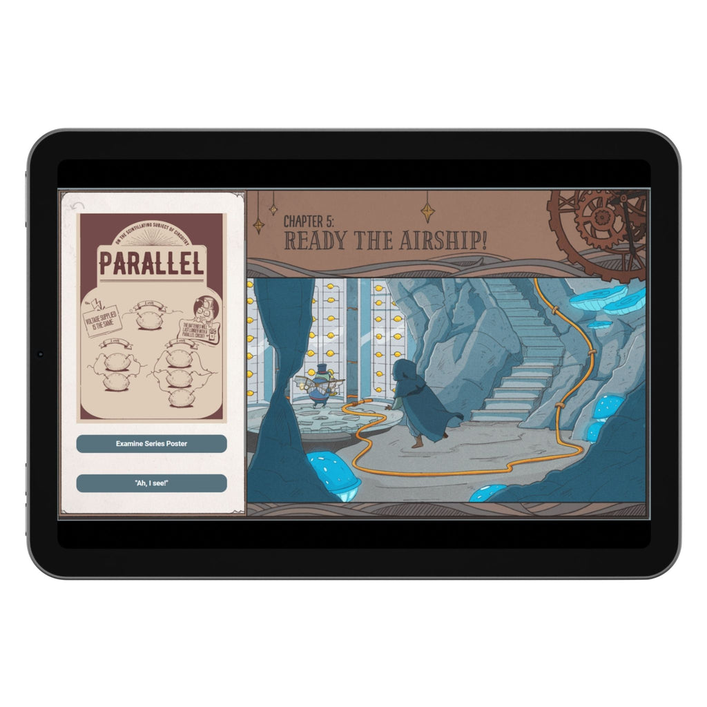Tablet displaying a digital illustration of a character in a room with text 'Parallel' and 'Ready the Airship!'.