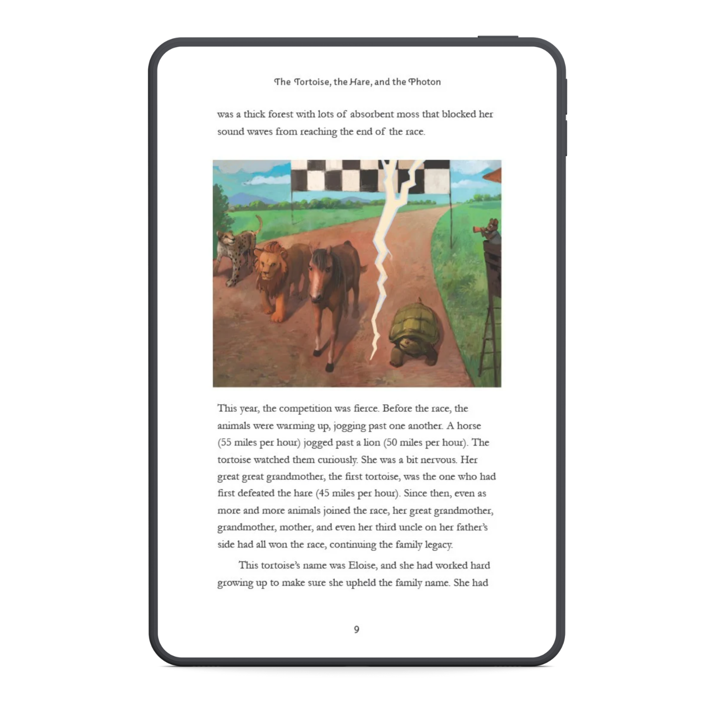 Digital book display with illustration of animals on a road and text.