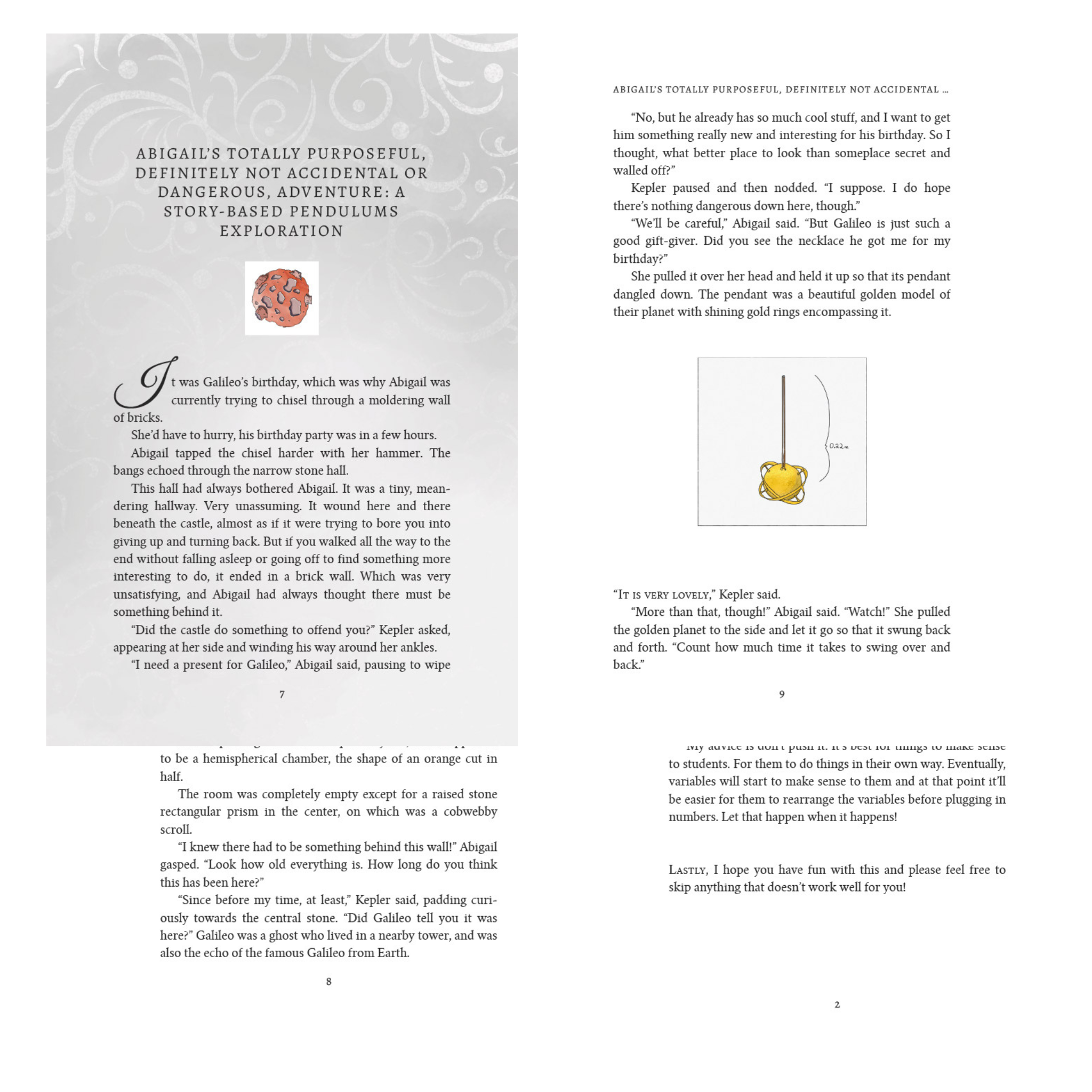 Four book pages with text and a small illustration of a gold pendulum necklace on a white background.