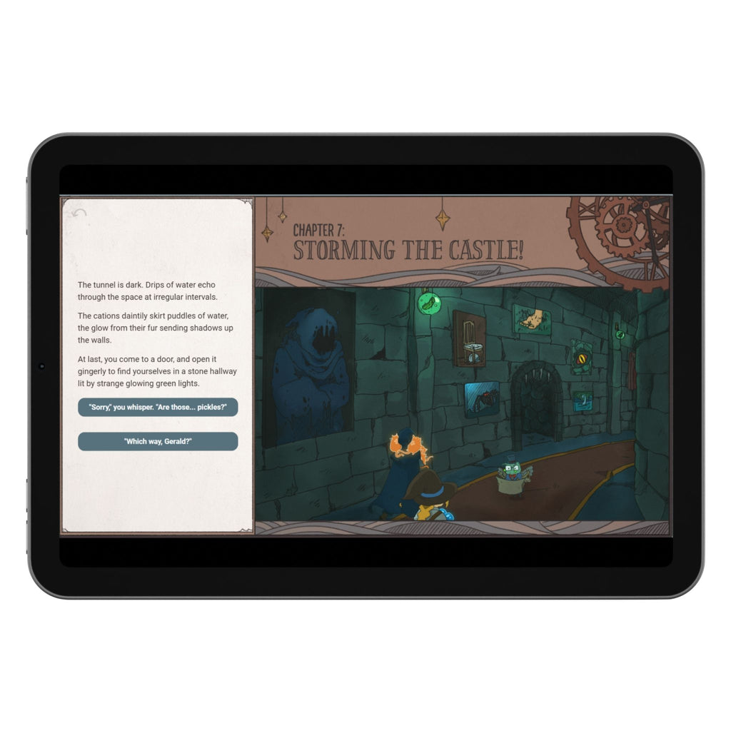 Tablet displaying a fantasy game with a dungeon scene on the screen.