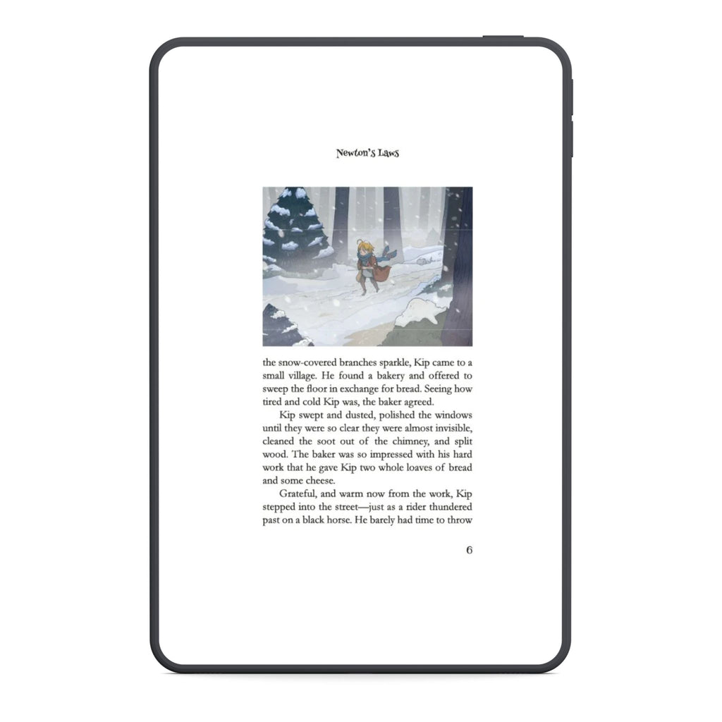 Digital device screen displaying a snowy landscape with a character and text.