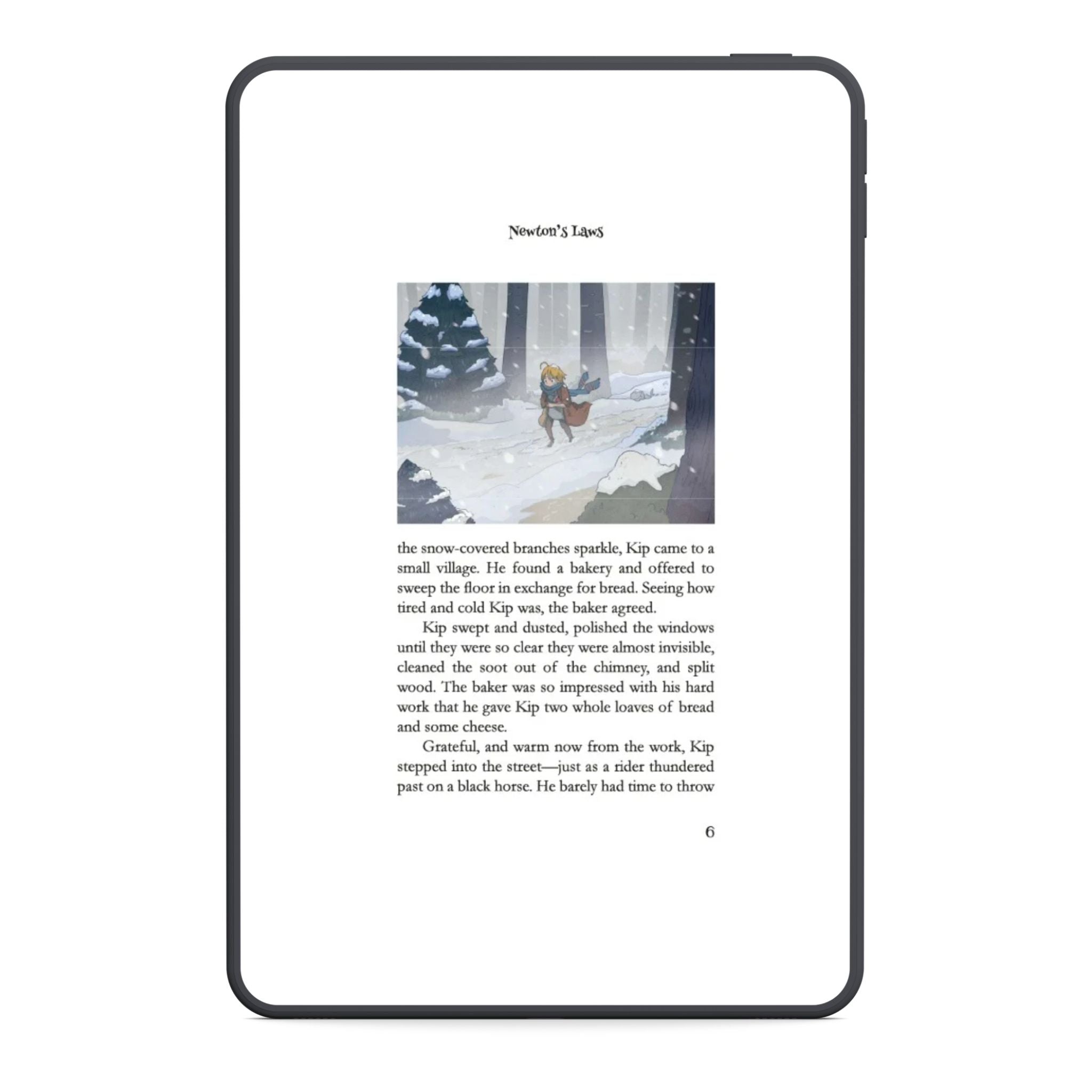 Digital device screen displaying a snowy landscape with a character and text.