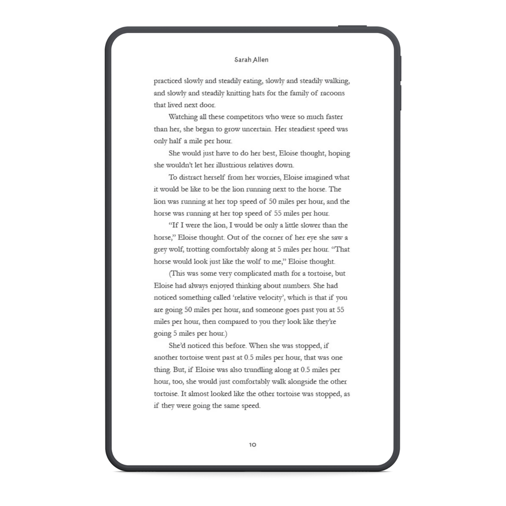 Digital book on a tablet screen with text displayed.