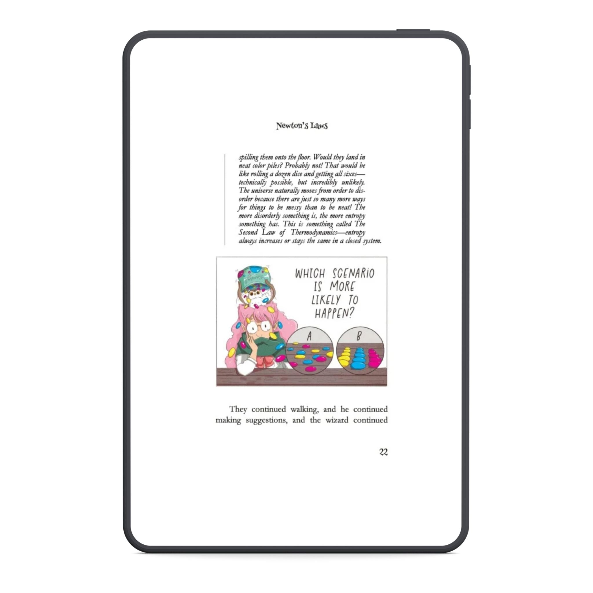 Digital book page with a colorful illustration of a character and text on a tablet screen.