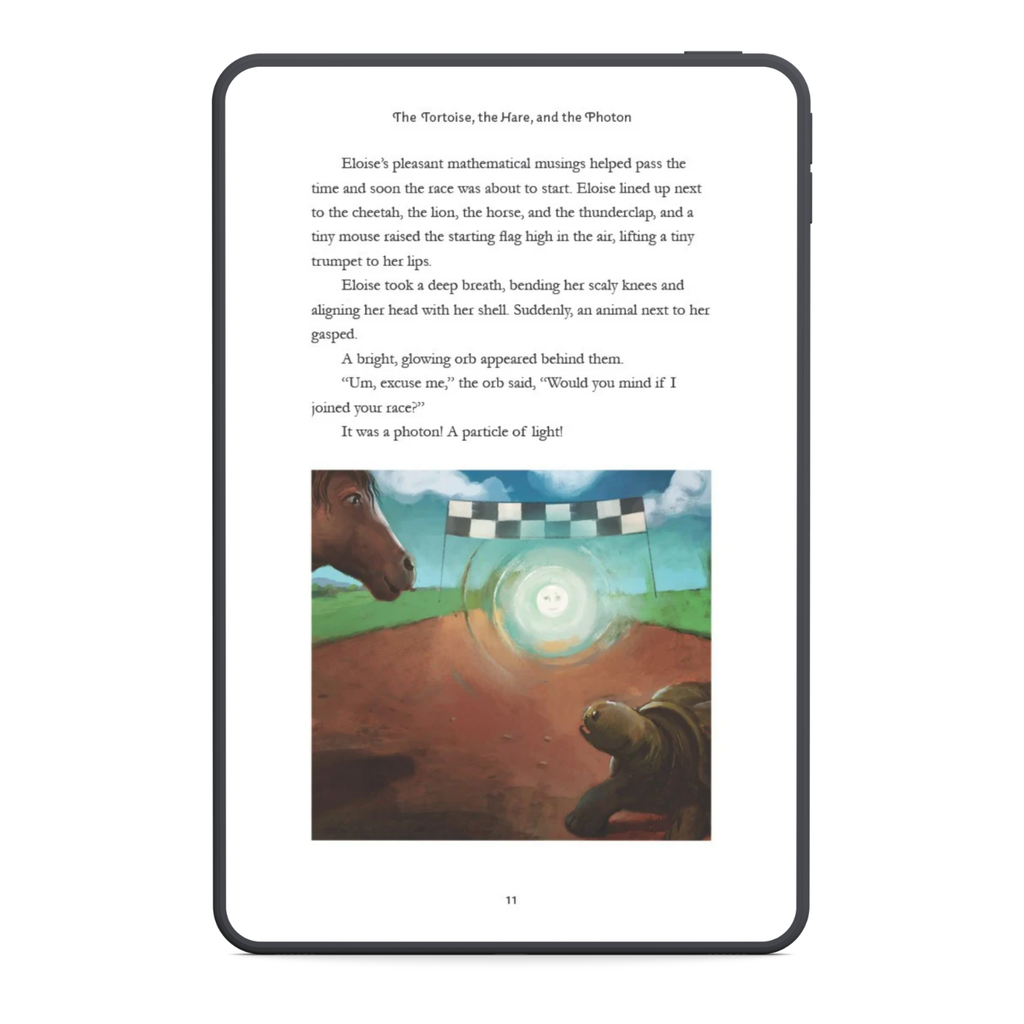 Digital book page with a horse, tortoise, hare, and photon illustration on an iPad screen.