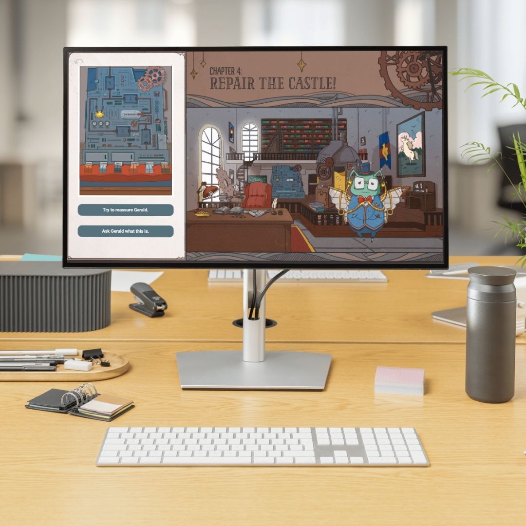 Computer monitor displaying a game on a desk with office items.