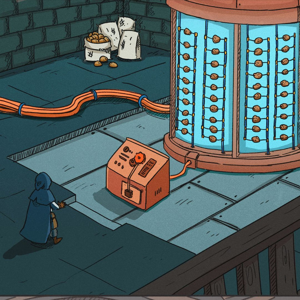 Cartoon character in a blue robe interacting with a machine in a room with pipes and a large machine powered by potatoes wired in parallel