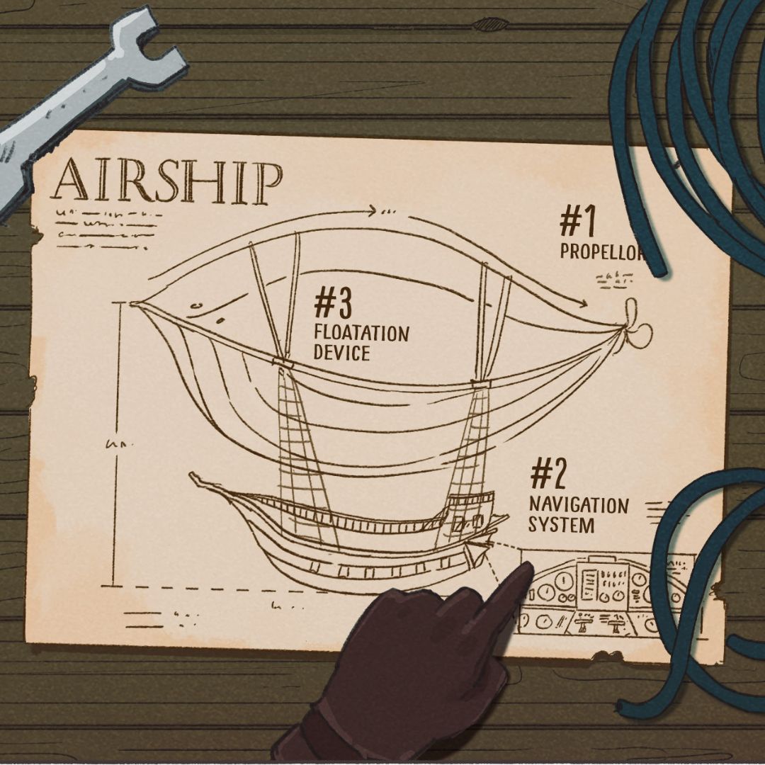 Blueprint of an airship with tools on a wooden surface