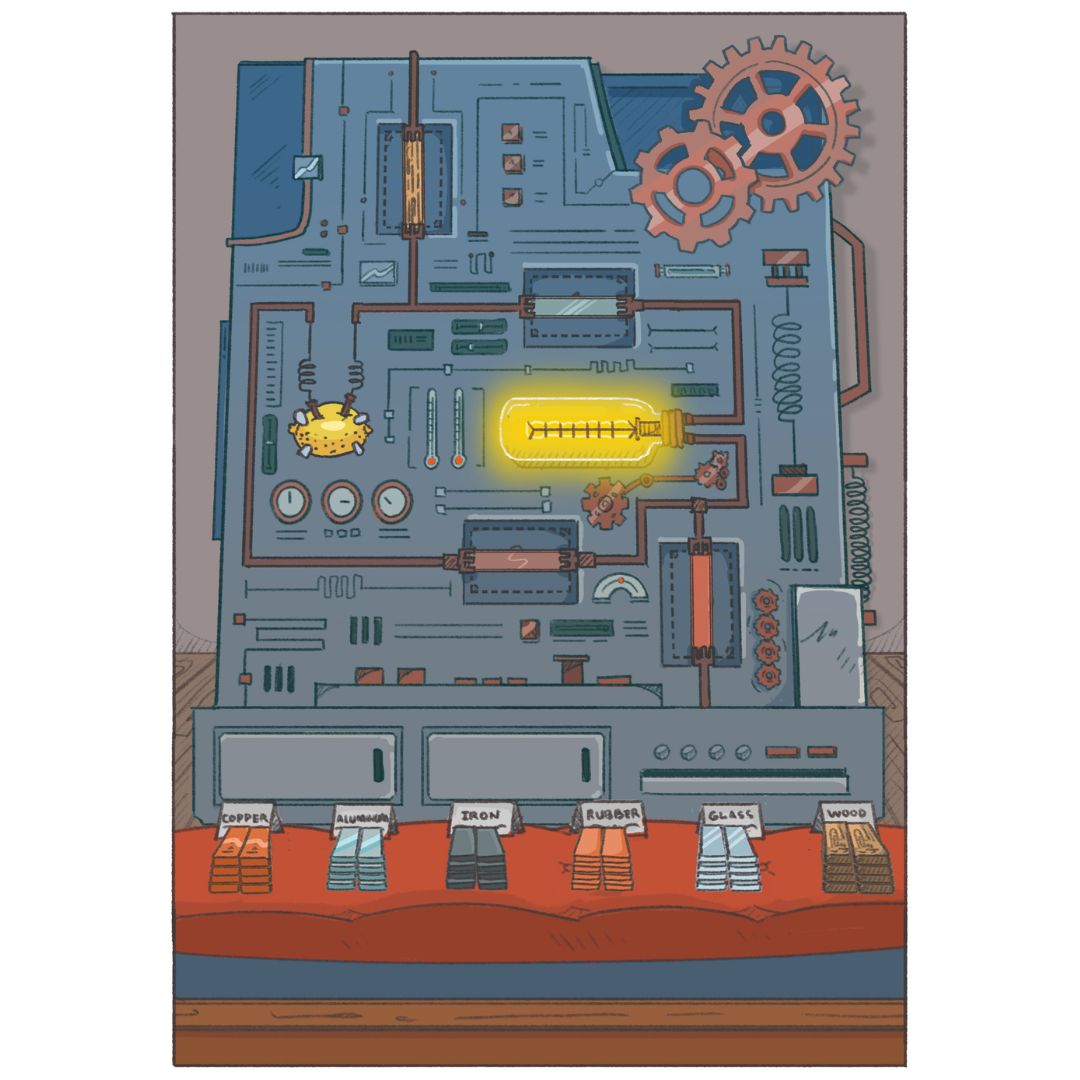 illustration of an electrical panel with a glowing bulb and a lemon battery