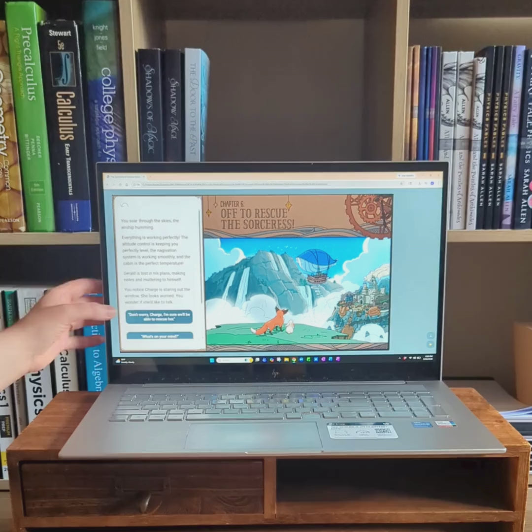 a video of a computer with a game on it. a hand clicks through various text options and the pages change
