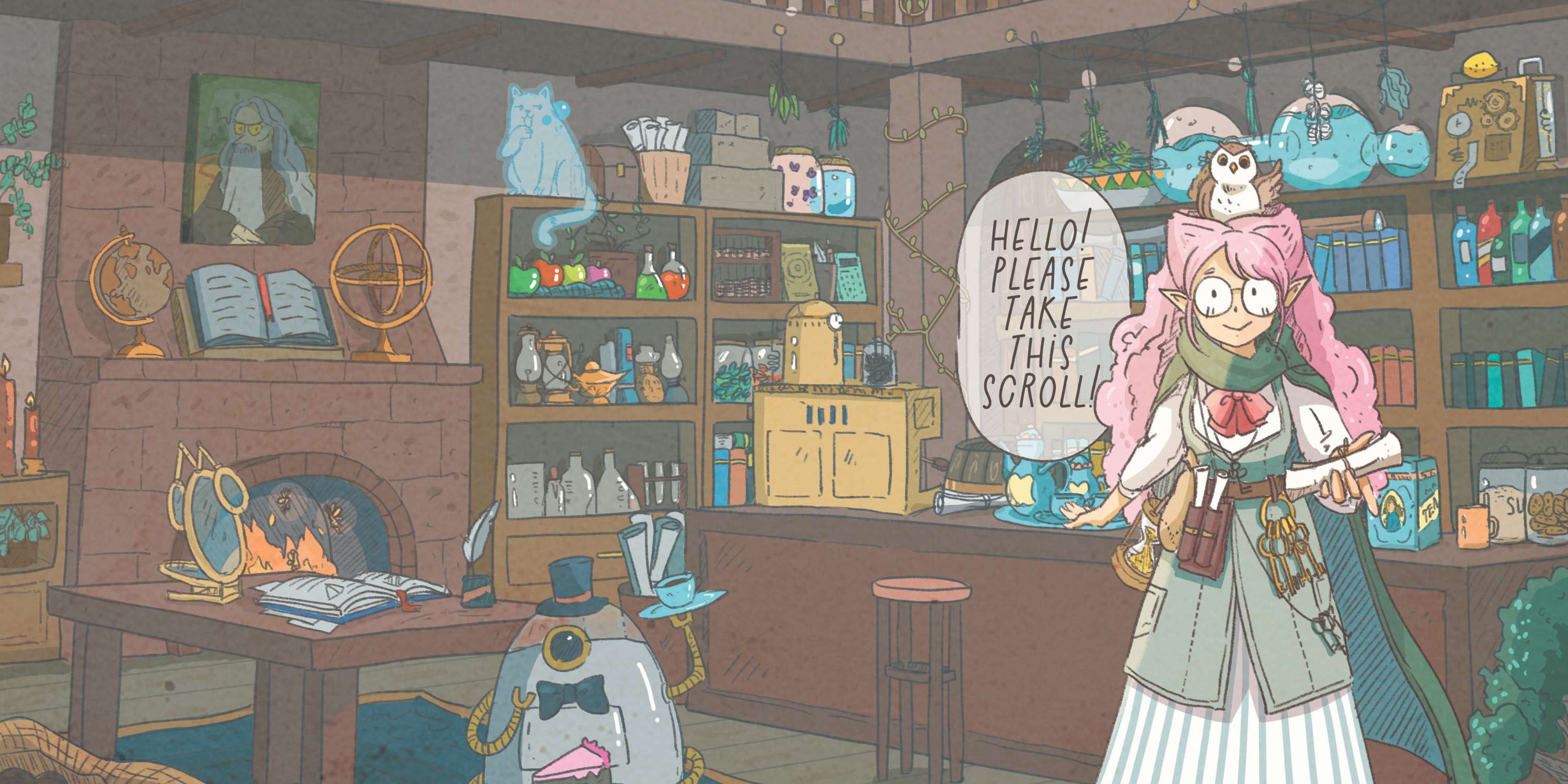 a cute lady with pink hair and an owl on her head in a whimsical library